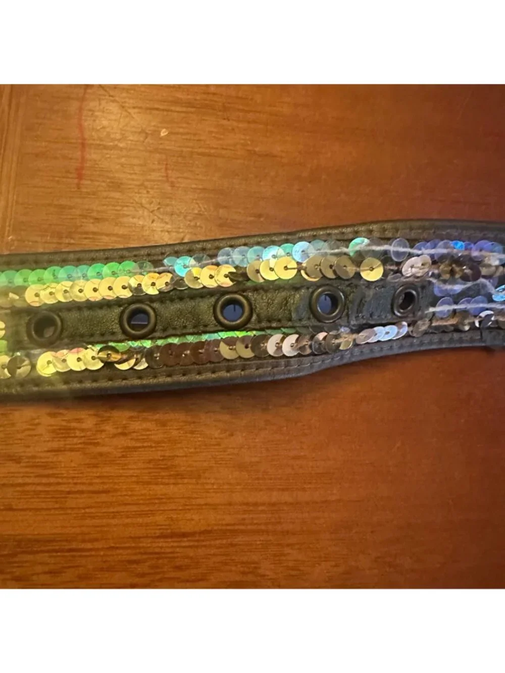 Vintage Y2K Sequin Embellished Leather Belt With Silver Floral Buckle